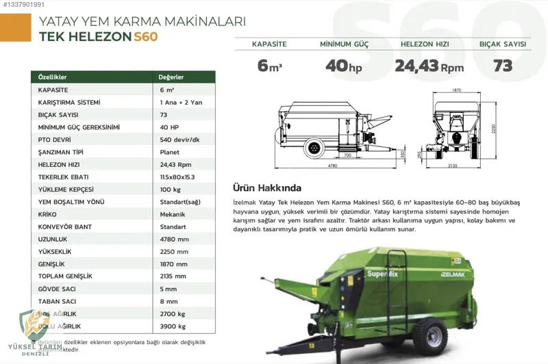 İzelmak S60-k 6m3 Tek Helezon Yem Karma Yüksel Tarım Denizli'den 9